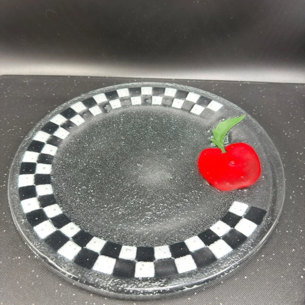 Peggy Karr Fused Glass Platter Black‎ White Checkerboard Apple Serving Tray 11
